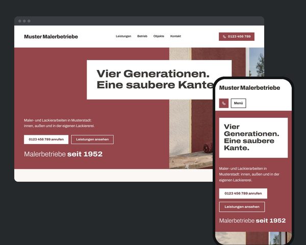 Entwurf für einen Malerbetrieb auf Computer und Handy, anonymisiert