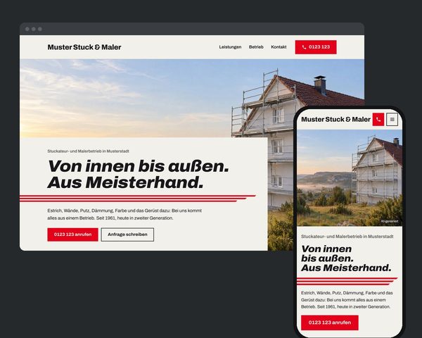 Entwurf für einen Stuckateur- und Malerbetrieb auf Computer und Handy, anonymisiert