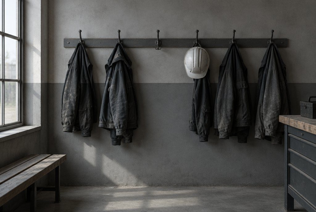 Garderobe in der Werkstatt mit Arbeitsjacken, ein Haken ist frei